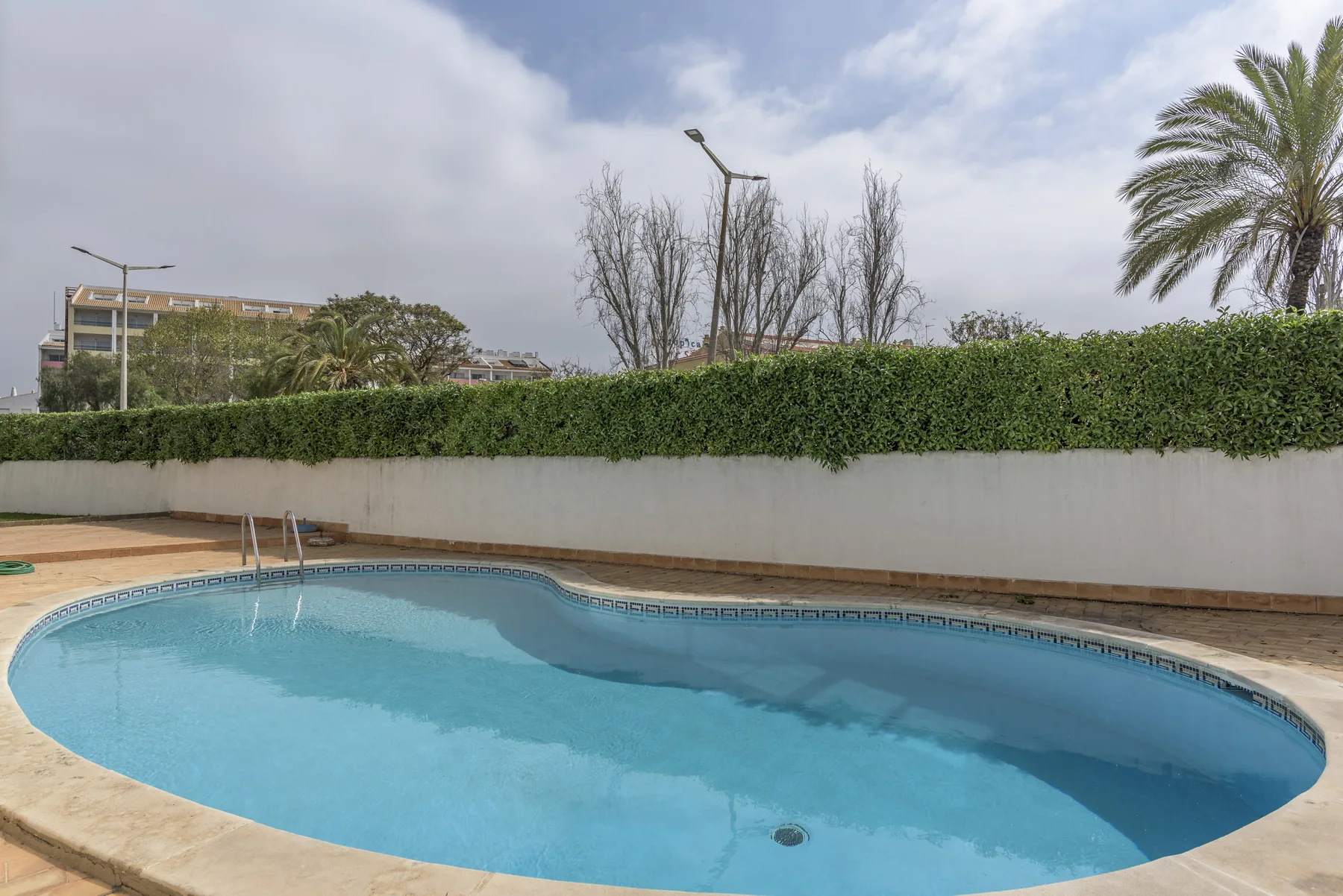 An outdoor swimming pool sits beside a tiled deck and a tall hedge.