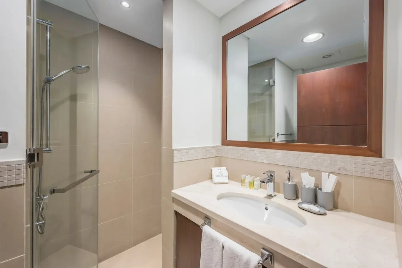 Un baño con una ducha de vidrio y un lavabo bajo un espejo grande.