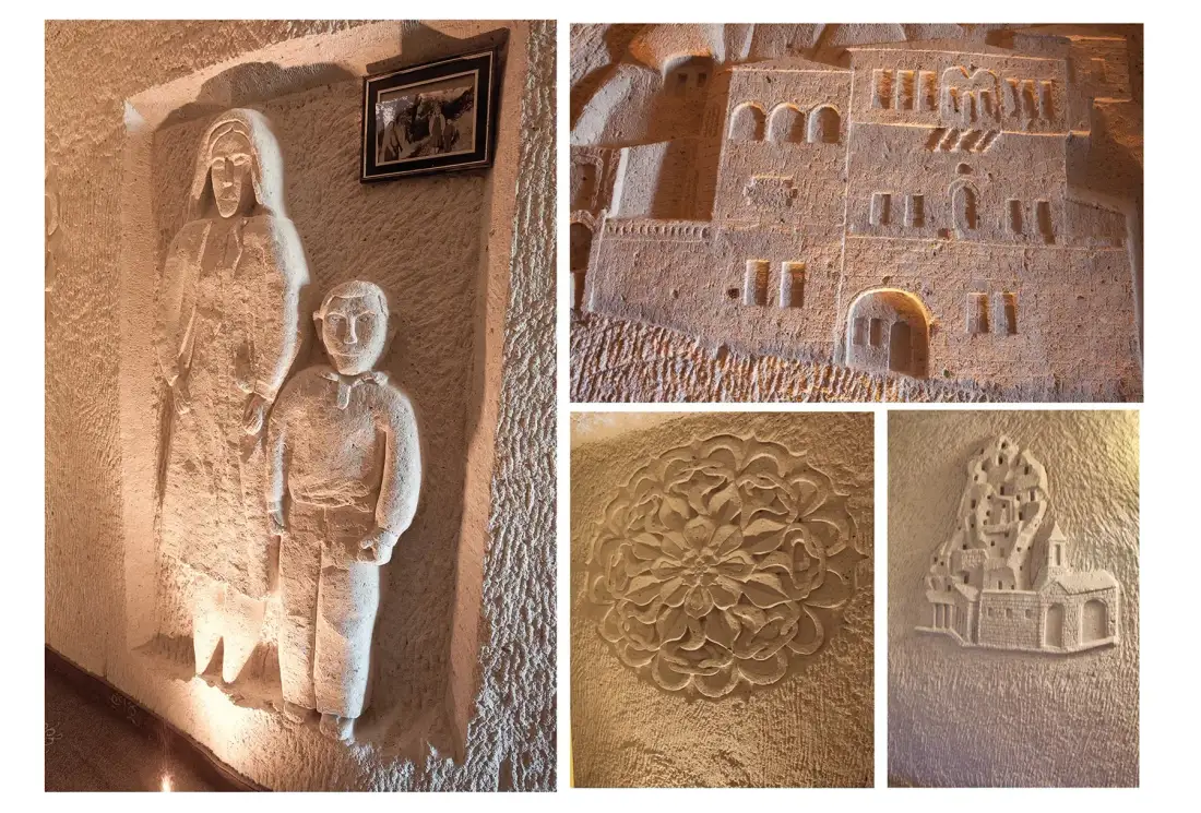 Detalles de piedra tallada en las paredes del hotel