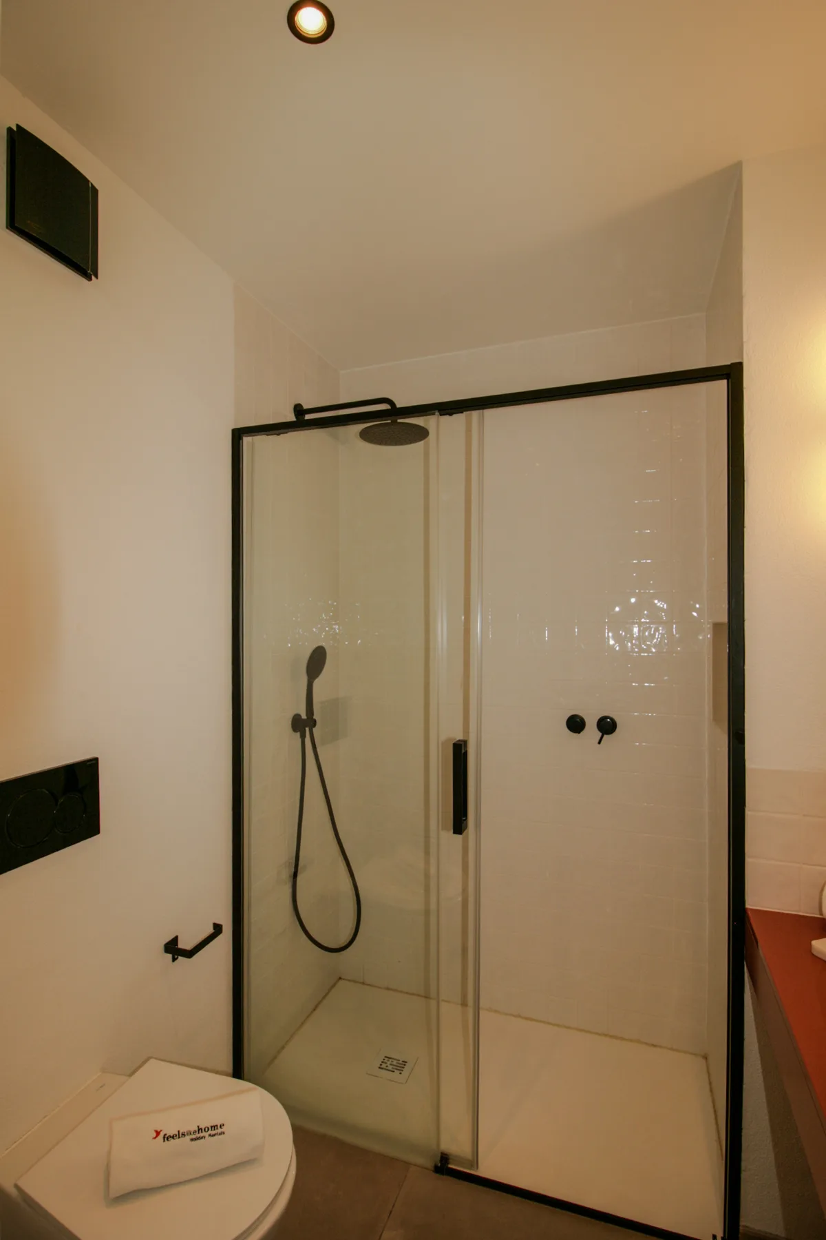 Un baño con una ducha de vidrio y un inodoro.