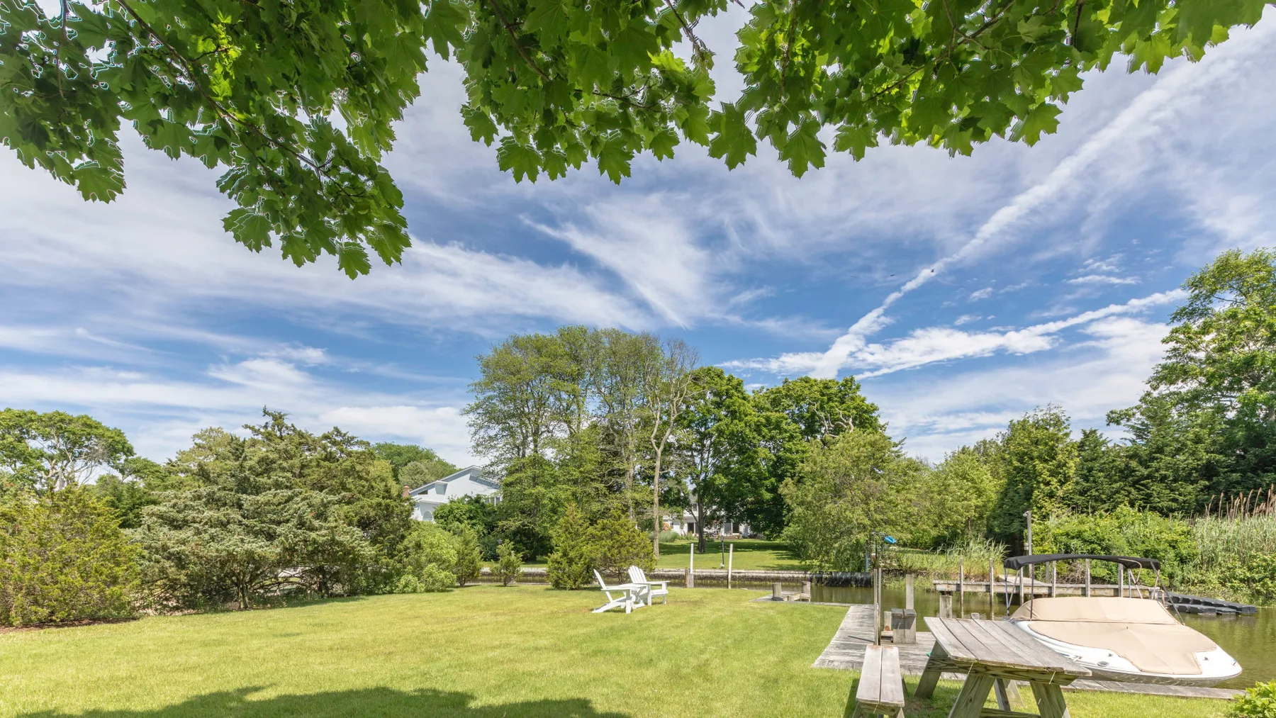 A grassy outdoor area with leafy trees and a wooden dock beside the water.