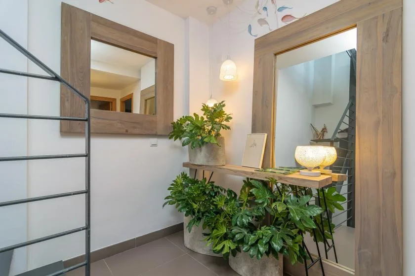 An indoor entry area with a console table decorated with leafy plants.