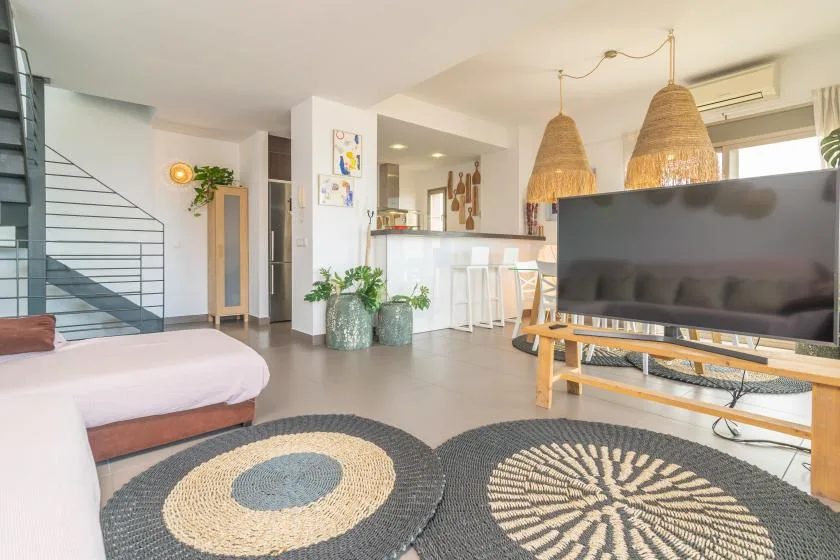 A bright living room with seating, woven rugs, and a television.