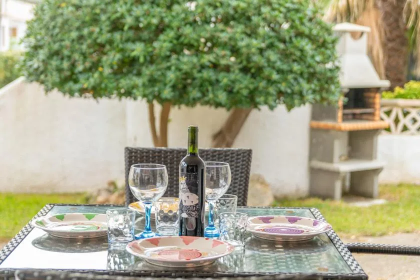 A patio dining table is set with plates and glasses beneath a leafy tree.