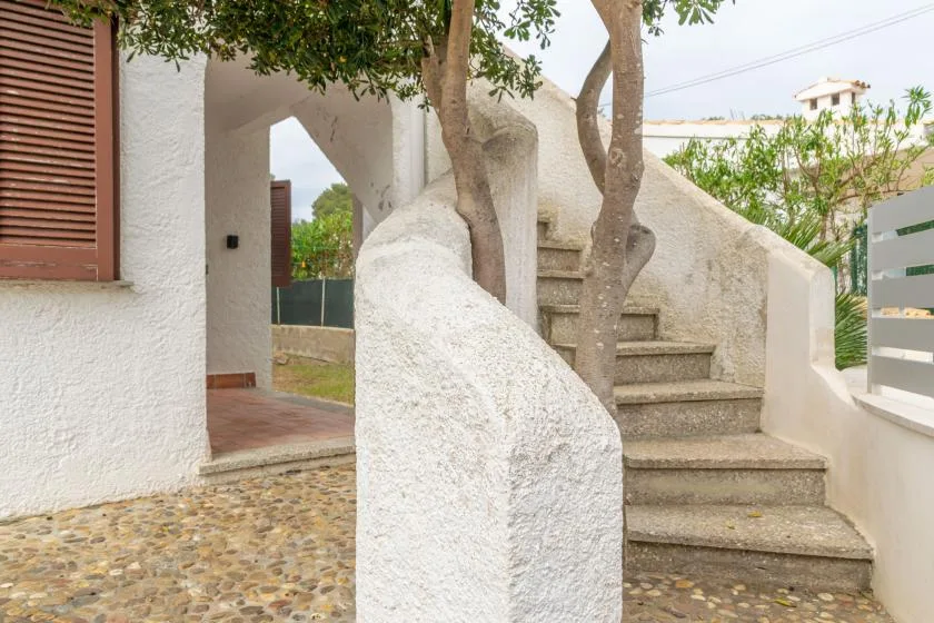 An outdoor stone staircase curves around a tree beside a white stucco building.
