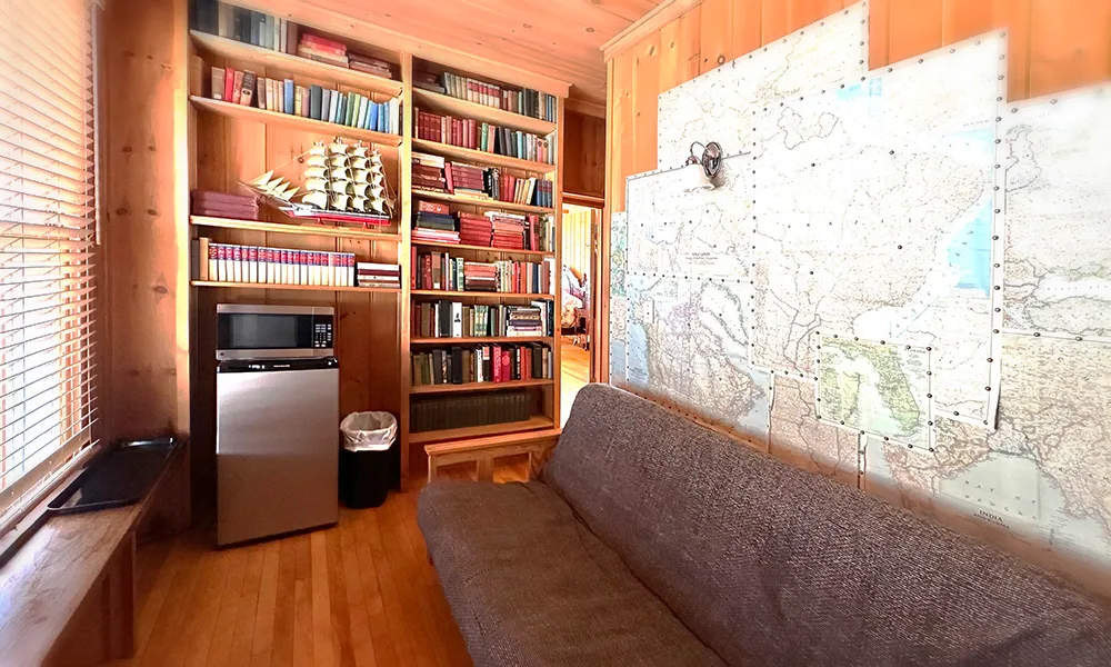 Honeymoon suite futon, fridge, and microwave