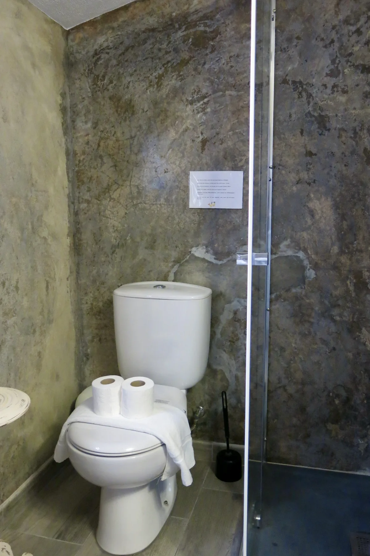 A bathroom with a toilet beside a glass shower screen.