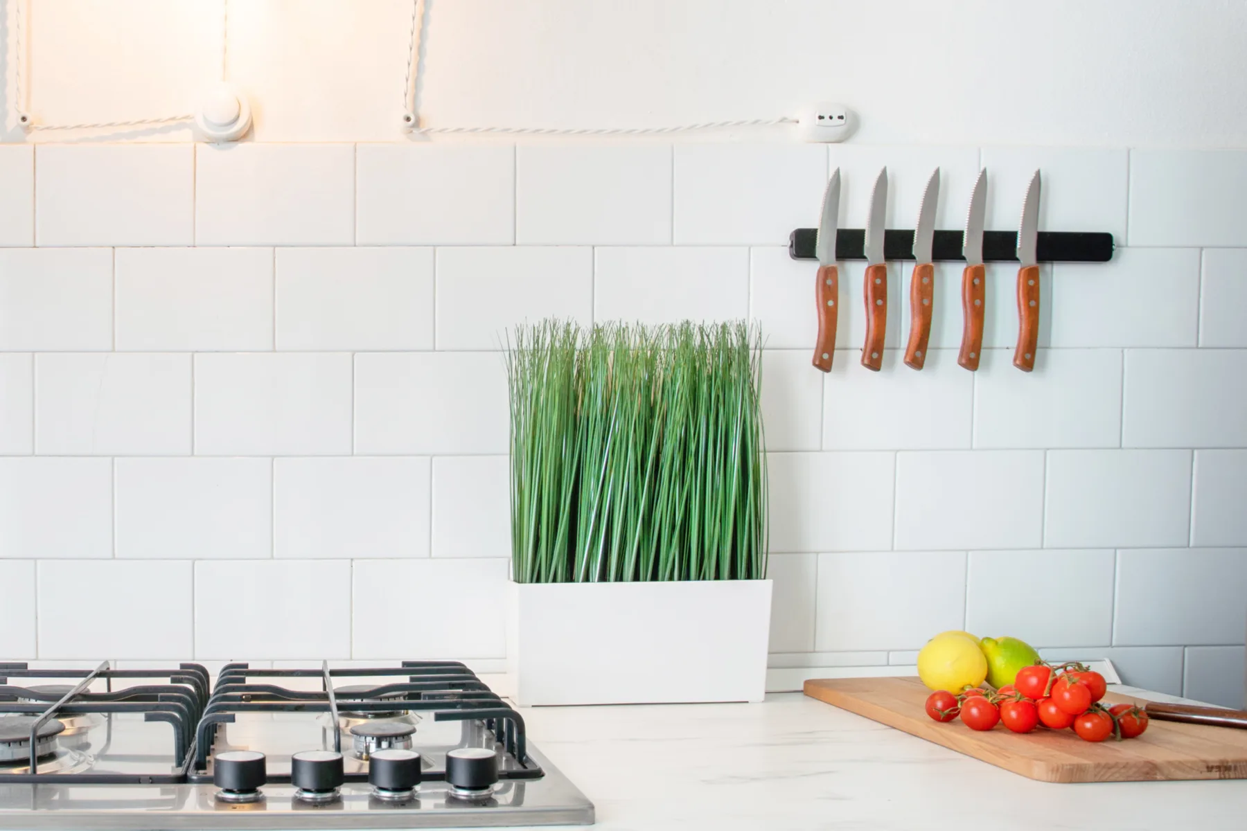 A bright kitchen counter with a stovetop, potted grass, and vegetables.