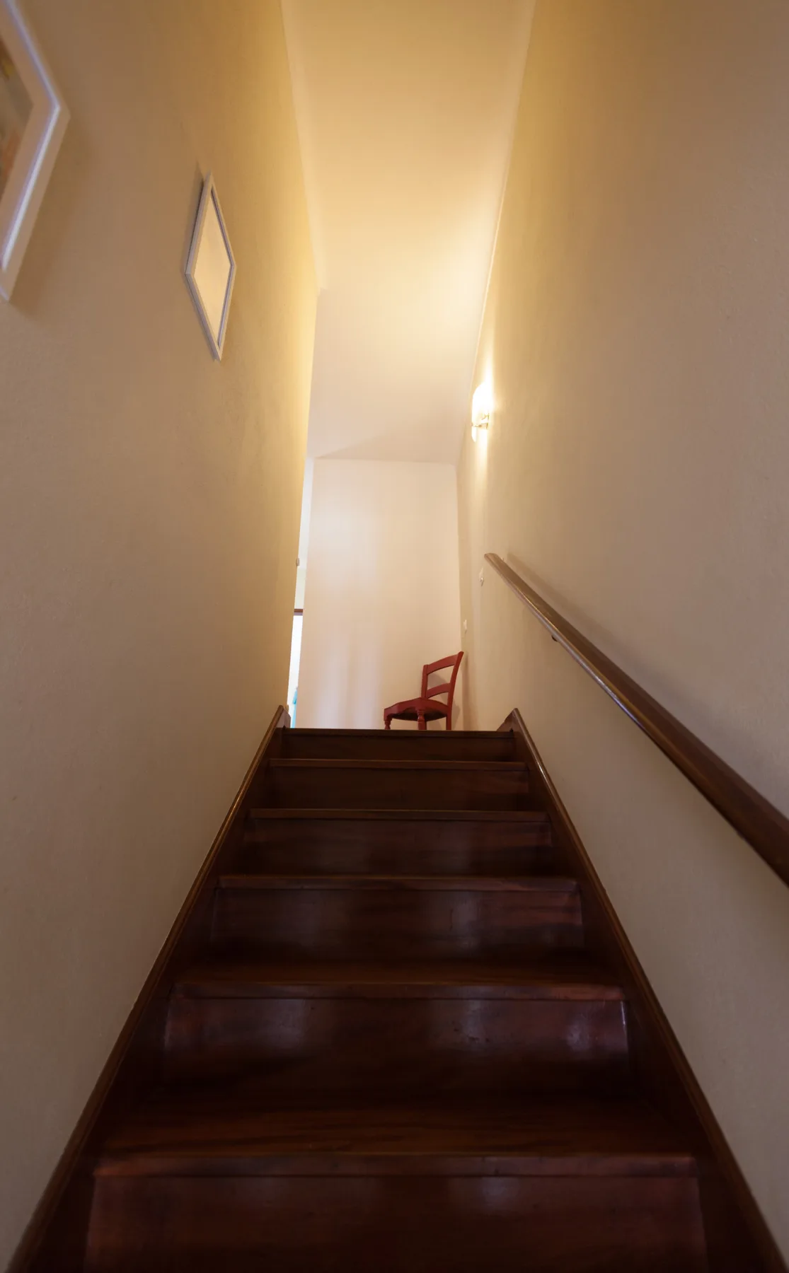 A narrow interior staircase with dark wooden steps and a handrail.