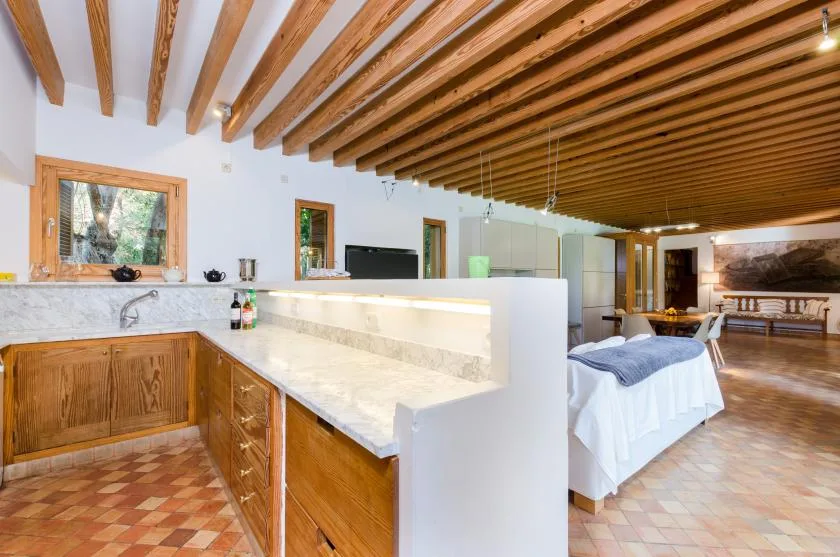 Una luminosa zona diáfana de cocina y dormitorio con vigas de madera en el techo.