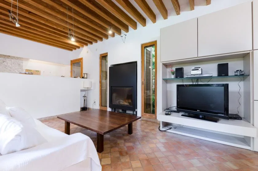 Una sala de estar con televisor, chimenea y mesa de centro de madera.