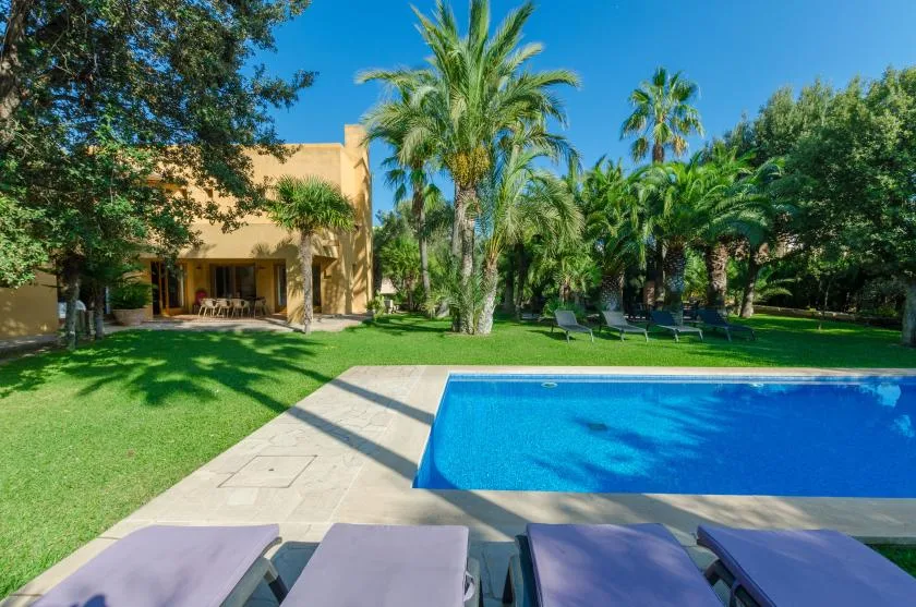 Una piscina junto a un jardín verde con palmeras y asientos al aire libre.