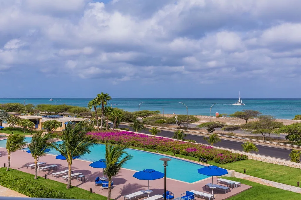 Aerial view of the property showcasing the turquoise pool, vibrant tropical landscaping, and direct beach proximity with Caribbean Sea beyond.