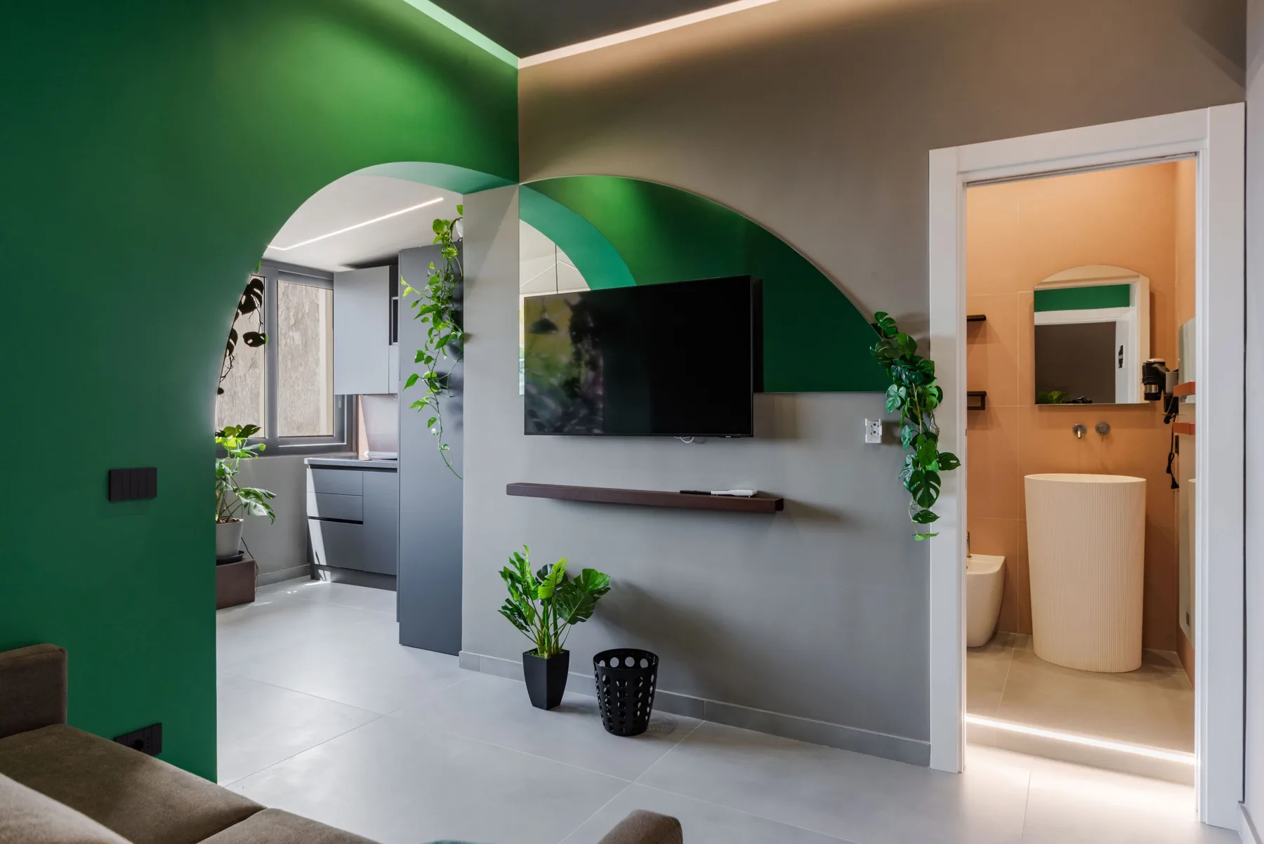 A modern interior with a wall-mounted television, plants, and an open bathroom doorway.