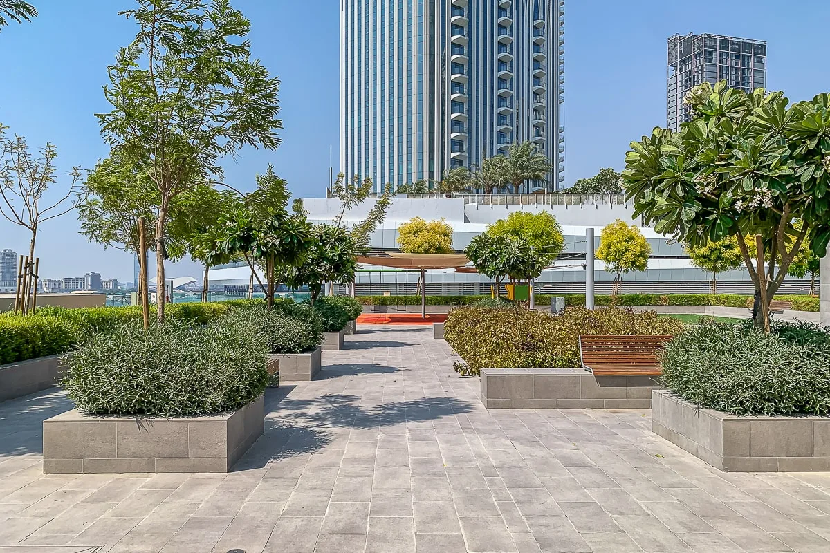 Una plaza exterior ajardinada con caminos pavimentados, jardineras y bancos.
