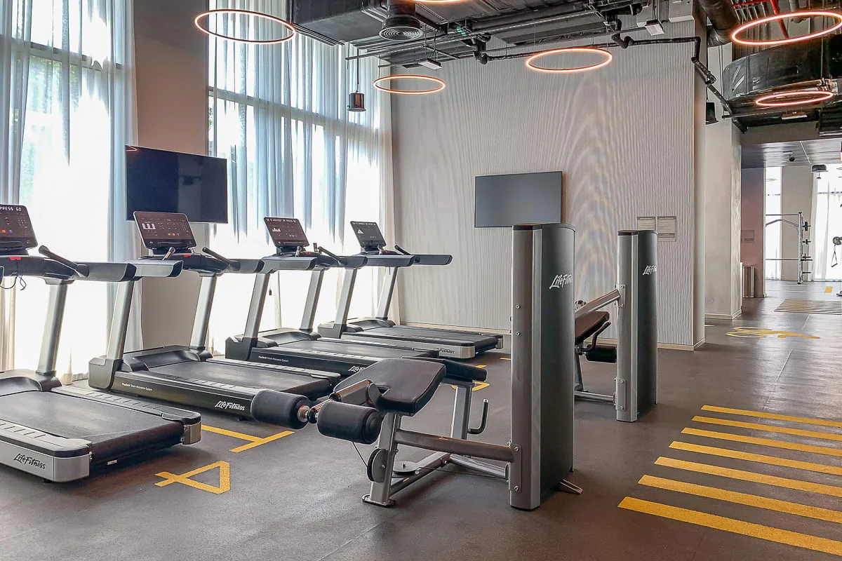 Un gimnasio con cintas de correr y equipo de ejercicio junto a ventanas altas.