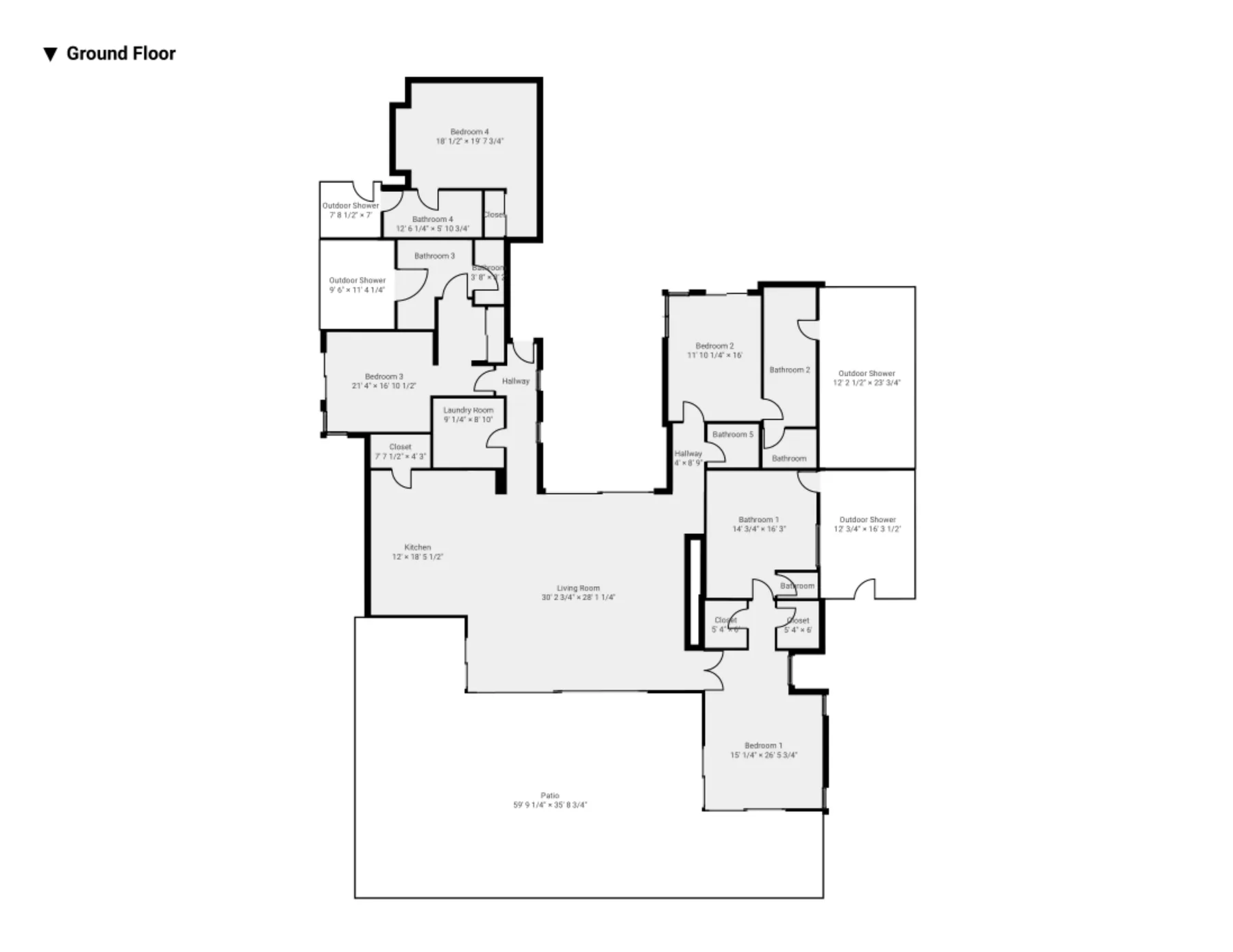 A floor plan shows rooms arranged around a large central living area.