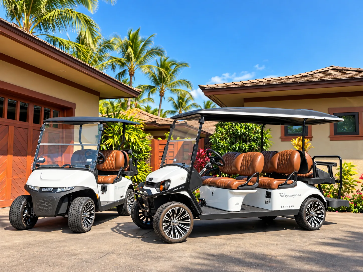Two golf carts are parked outside a tropical-style building.