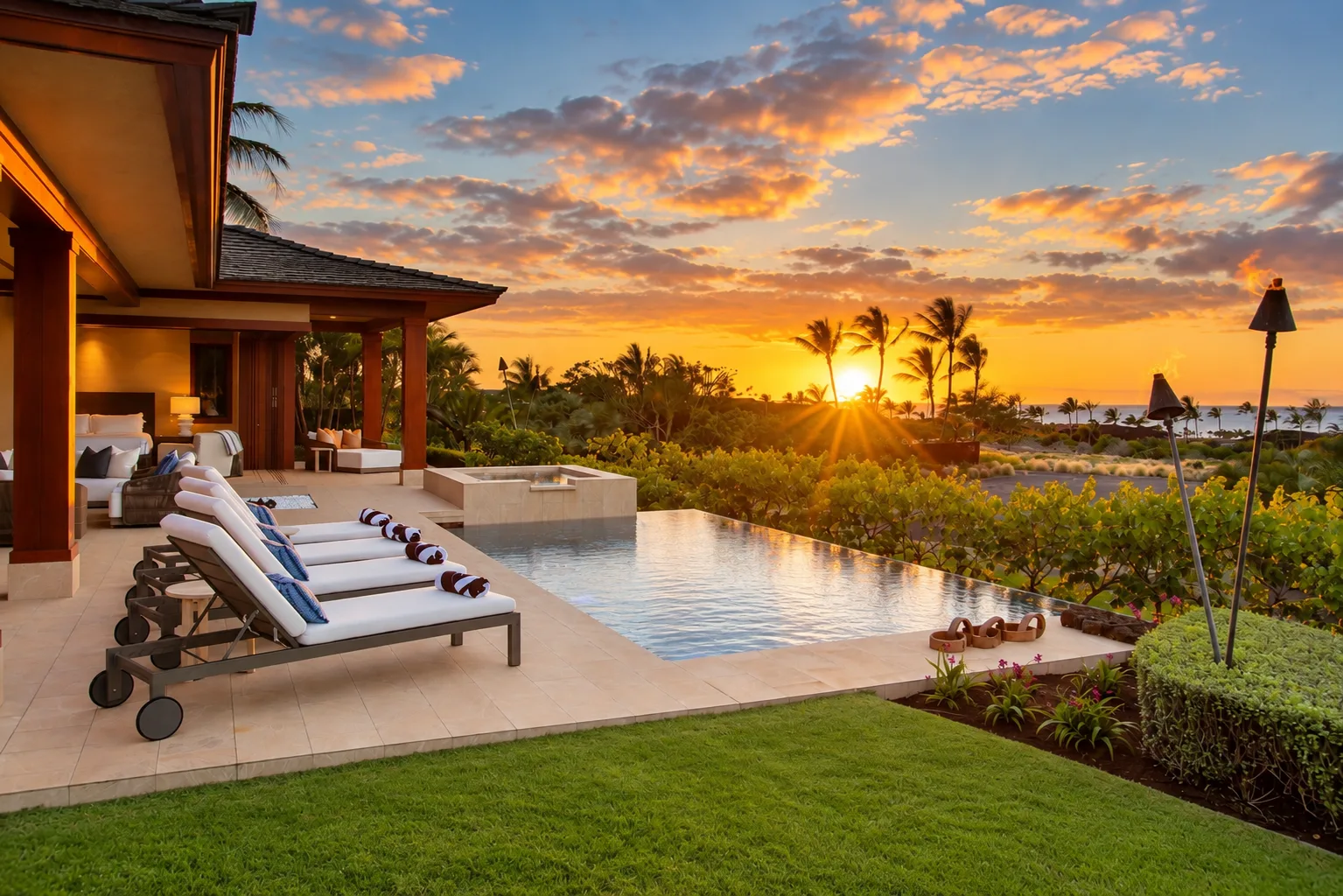 An outdoor pool beside a patio with lounge seating at sunset.