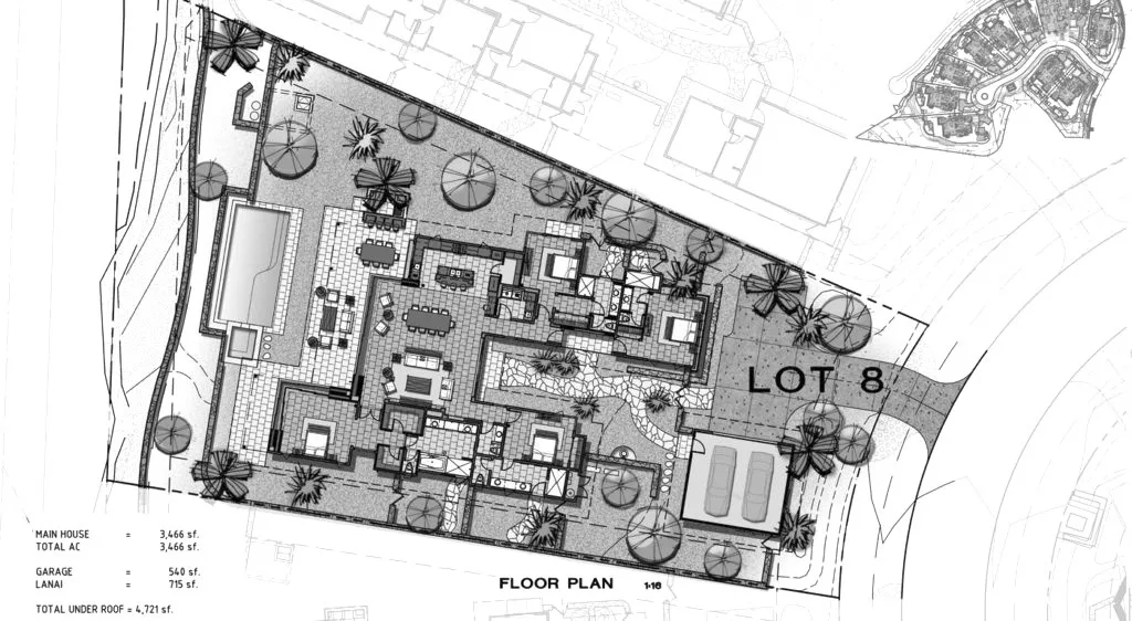 A black-and-white architectural floor plan shows a landscaped residential lot and its building layout.