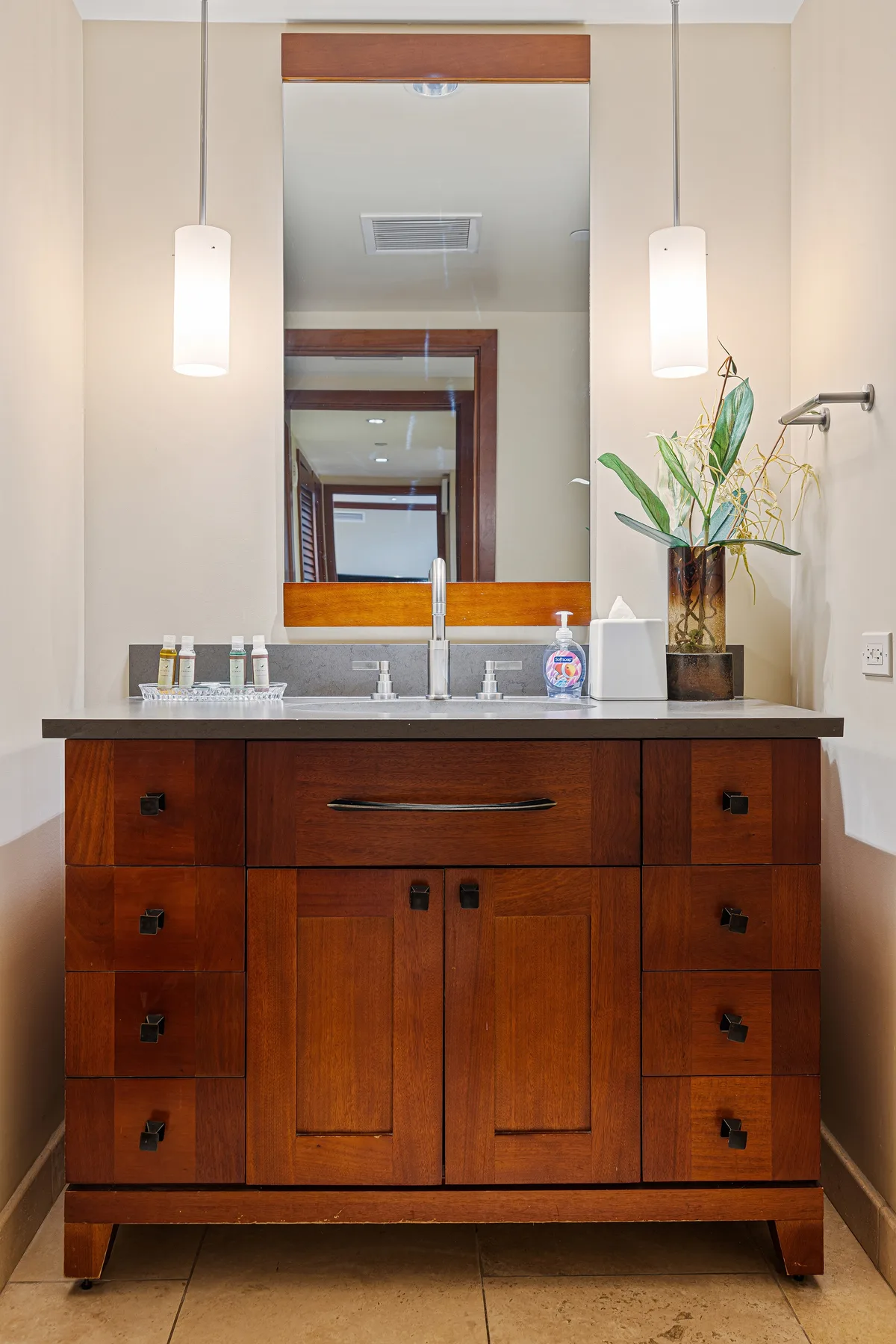 Un tocador de baño con un espejo grande, luces de pared y una planta sobre la encimera.
