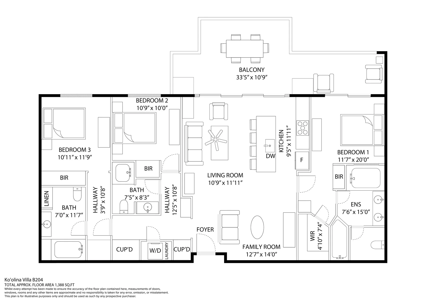 Plano de planta con dormitorios, baños y una sala central que da a un balcón.