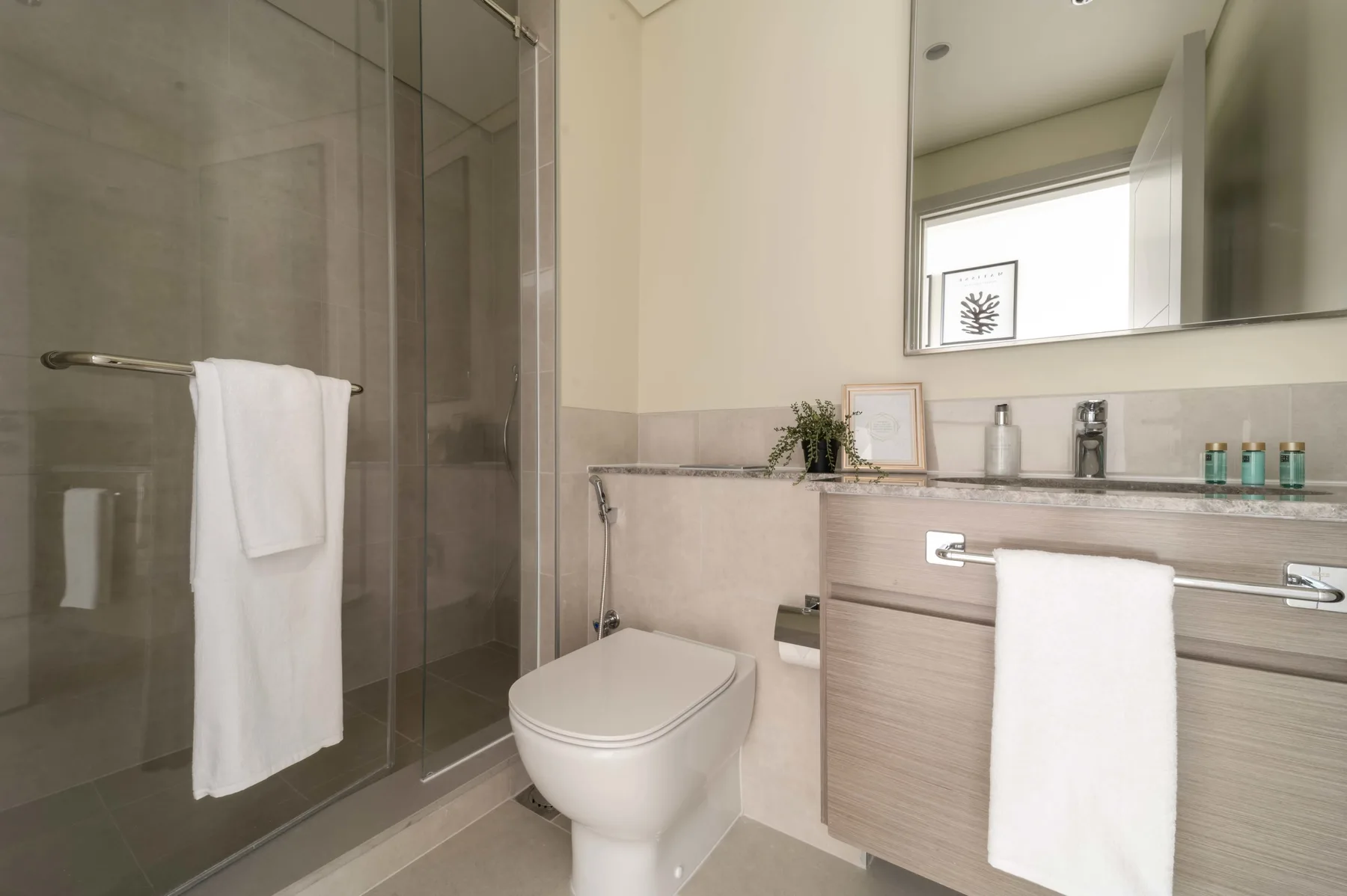Un baño moderno con ducha de vidrio, inodoro y lavabo.