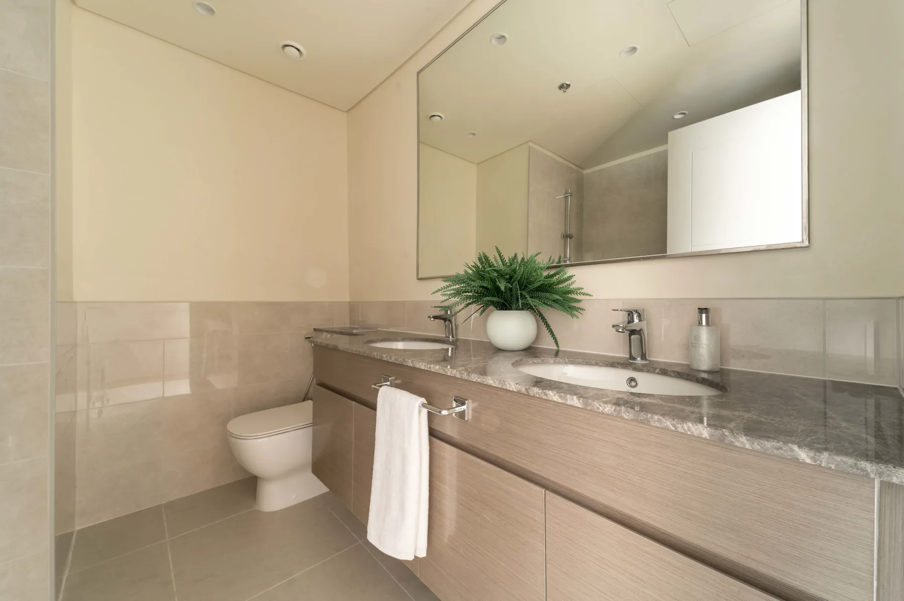 Un baño luminoso con un tocador largo, lavabo y espejo grande.