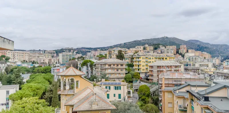 A cityscape of clustered buildings with green hills in the distance.