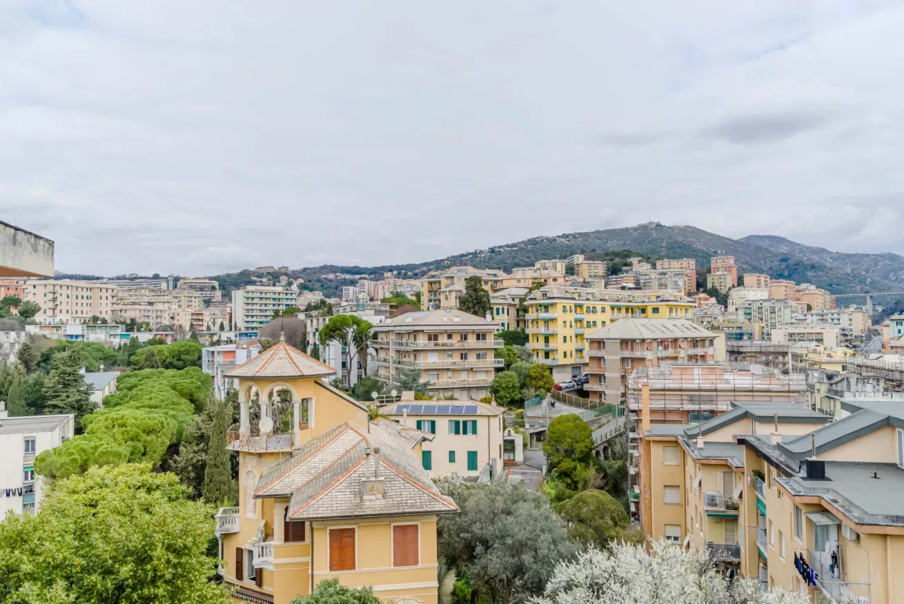 A cityscape of densely packed buildings among green trees, with hills in the distance.
