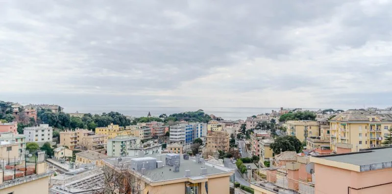 A cityscape of low-rise buildings stretches beneath a cloudy sky.