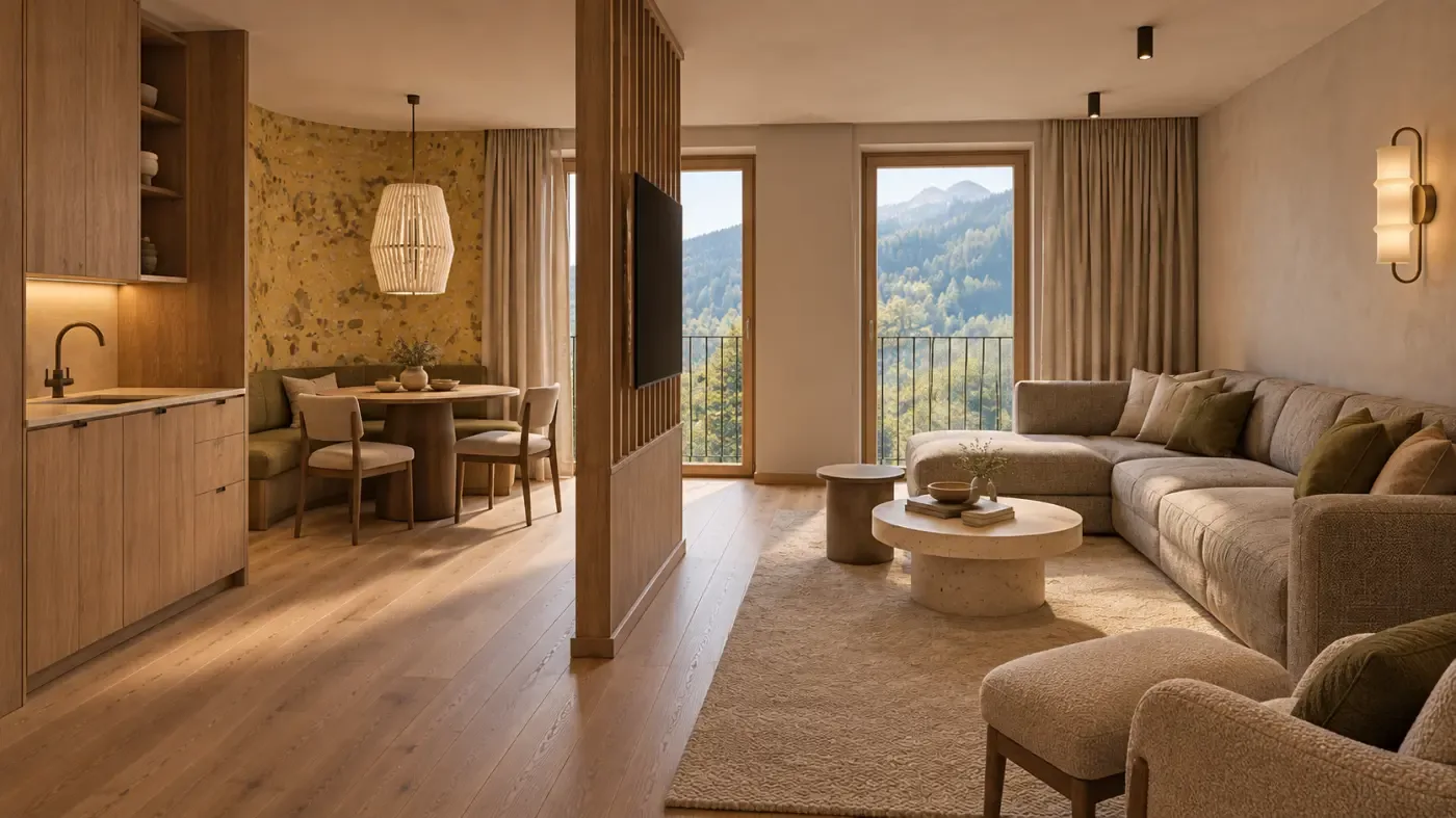 Living area with dining space and mountain view