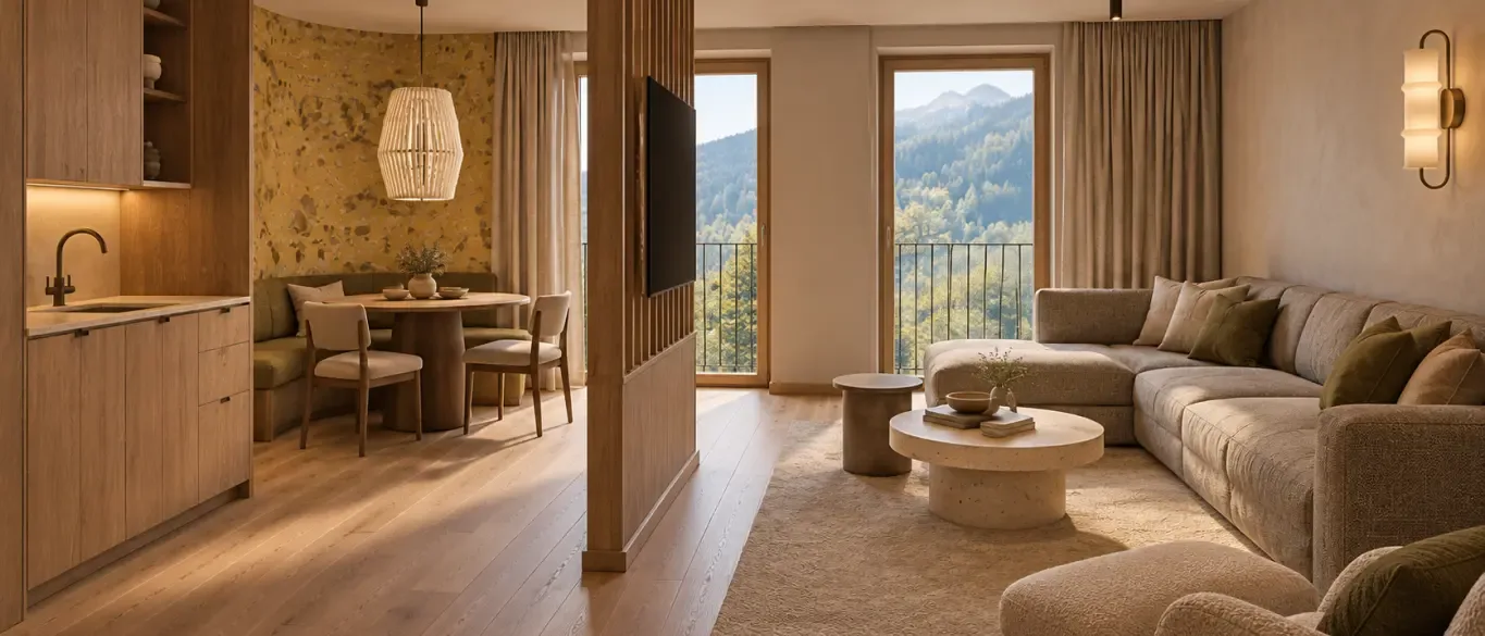 Living area with dining space and mountain view