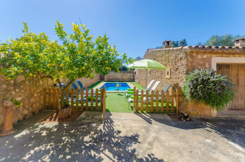 Un patio soleado conduce por una puerta de madera a una piscina y tumbonas.
