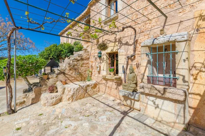 Un patio de piedra soleado con una pérgola cubierta de enredaderas junto a un edificio de piedra.