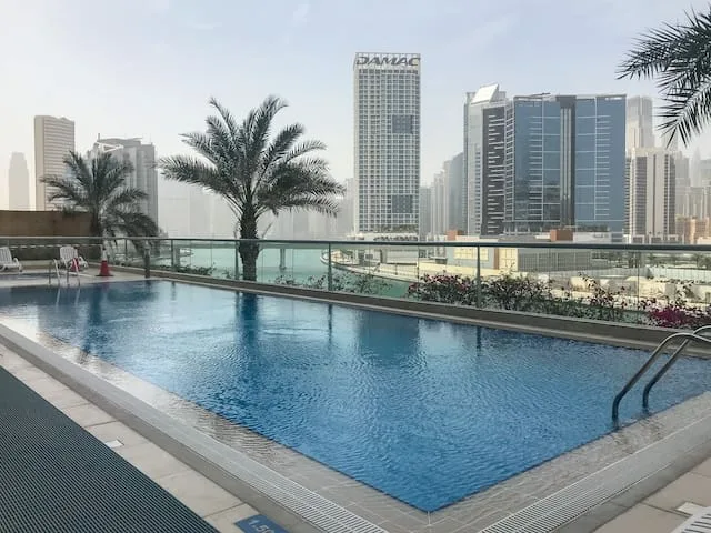 A rooftop swimming pool overlooks a city skyline, with palm trees beside the water.