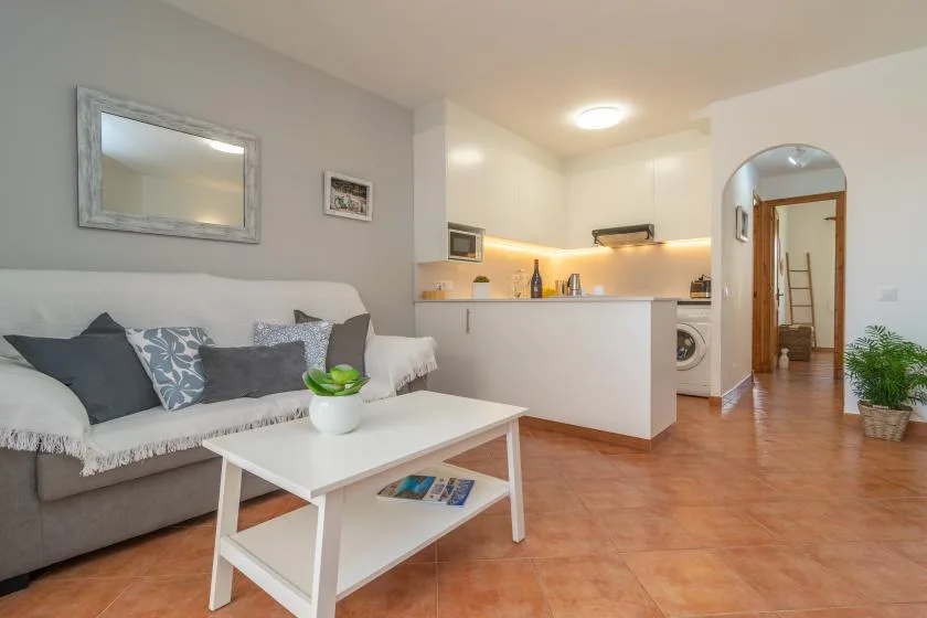 Una sala de estar con sofá y mesa de centro junto a una cocina compacta.