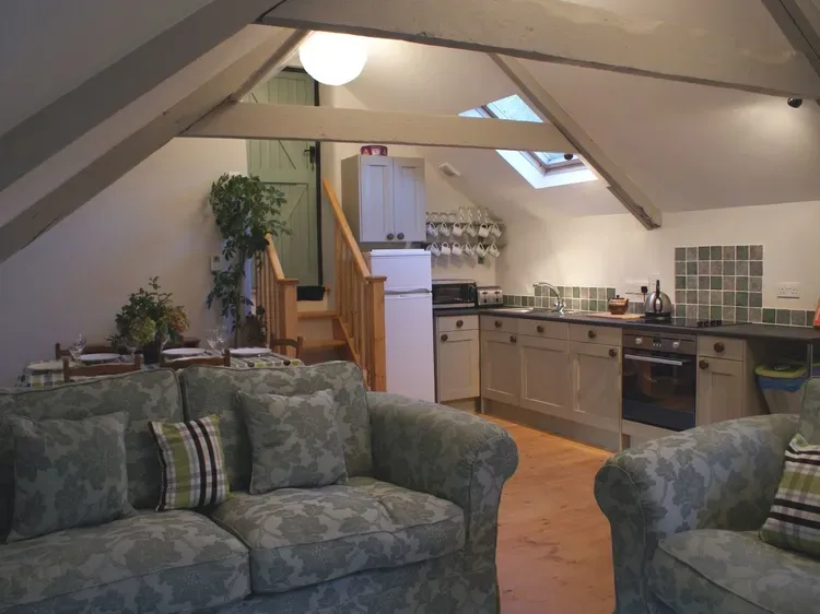 An attic living area with seating and a compact kitchen beneath sloped ceilings.