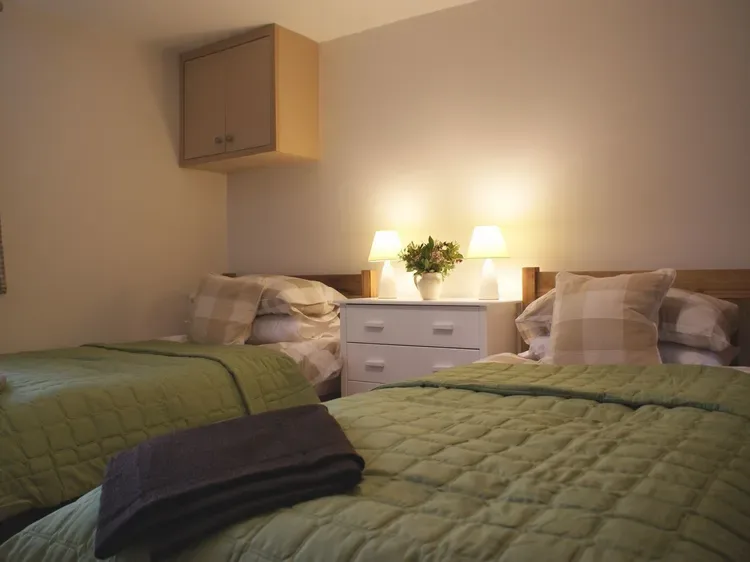 Un dormitorio con dos camas, ropa de cama verde y una mesita entre ellas.