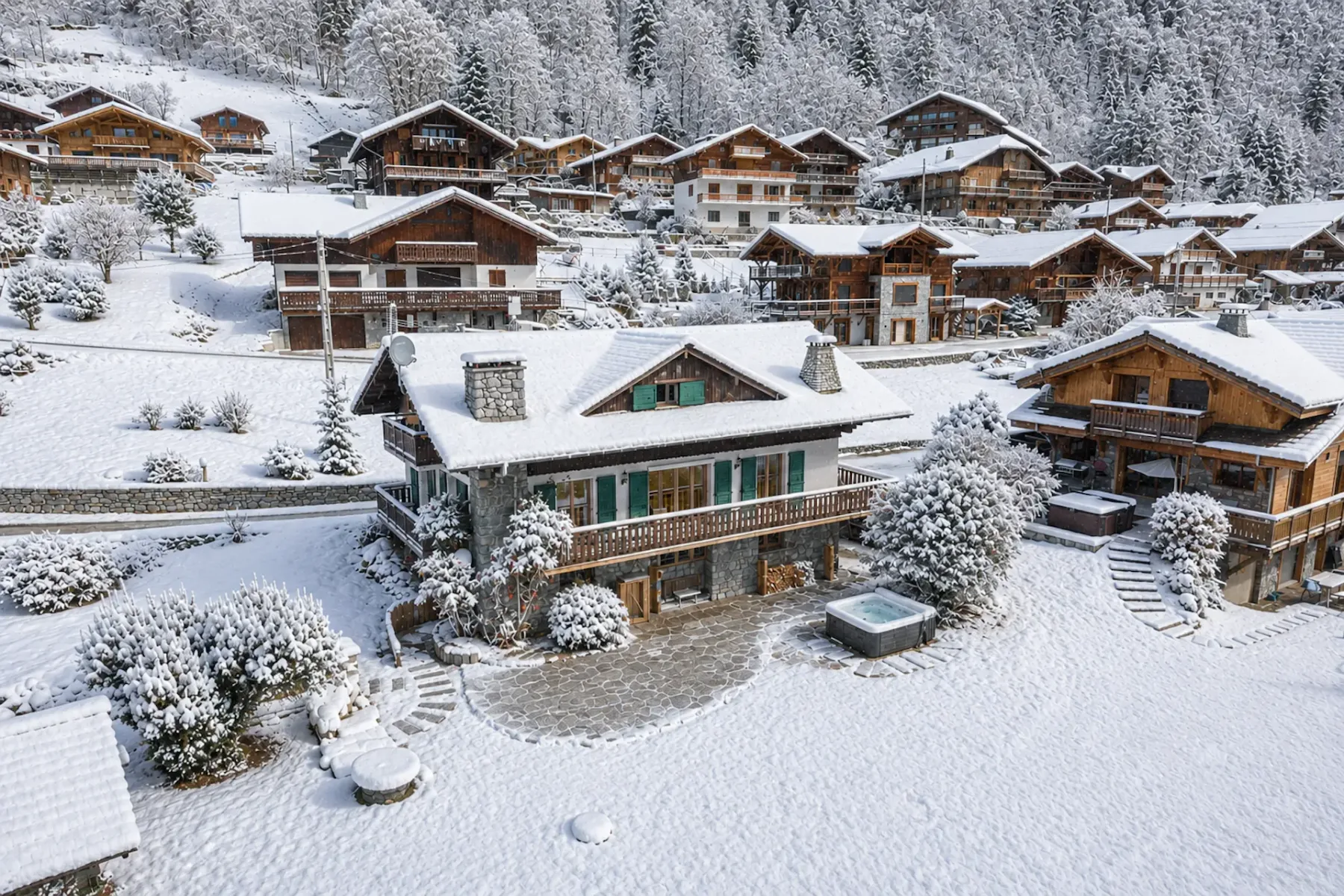 Chalet cubierto de nieve en un pueblo de montaña, rodeado de otras casas de madera y árboles cargados de nieve bajo un cielo azul despejado.