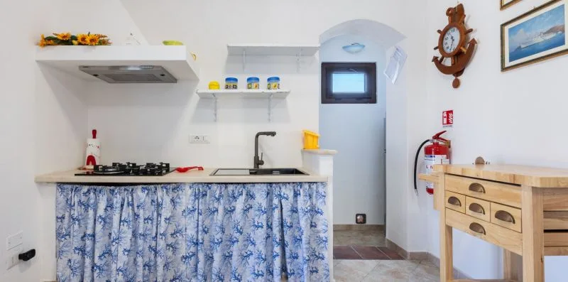 A bright kitchen with a gas cooktop, sink, and curtained counter.