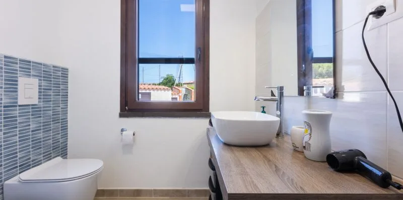 A bathroom with a toilet, a vanity, and windows.