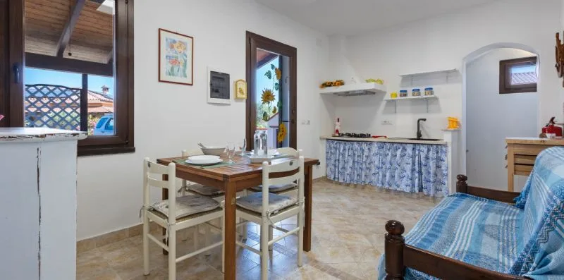 A bright room combines a dining table, kitchenette, and blue-covered bed.