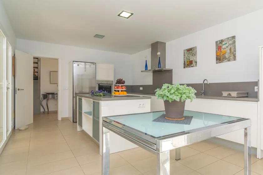 A bright kitchen with a glass-topped island and a potted plant.