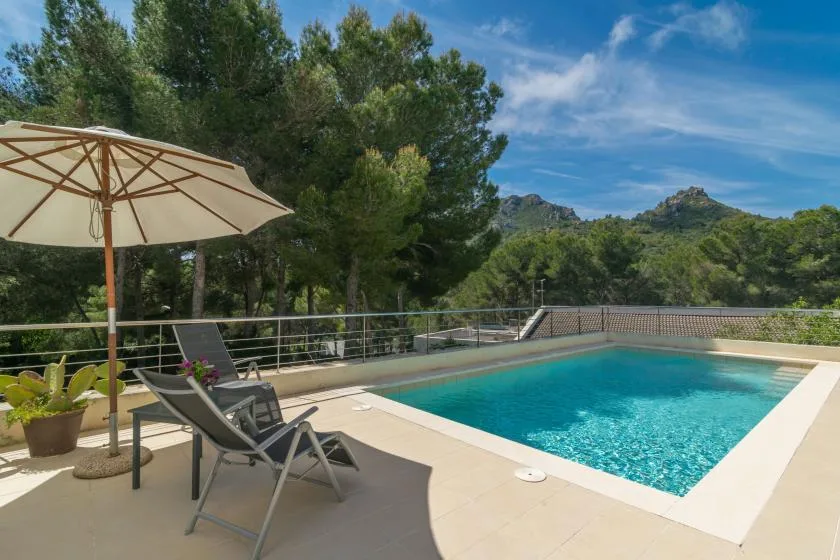 An outdoor swimming pool beside a paved patio with lounge seating and a large umbrella.