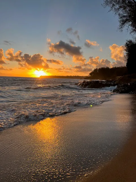Una playa al atardecer, con olas llegando a la orilla.