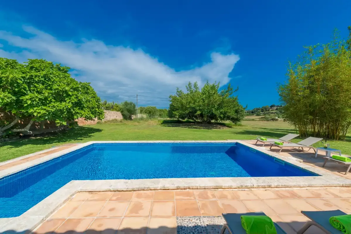 A swimming pool is surrounded by a paved deck and green garden.