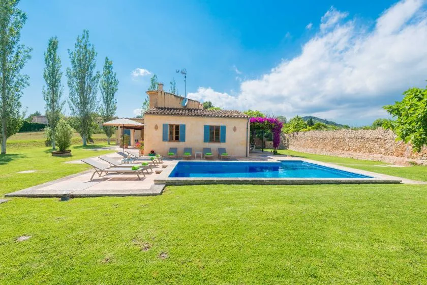A house and swimming pool sit beside a green lawn under a bright sky.