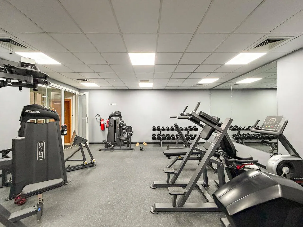 Un gimnasio con máquinas de pesas, bancos y mancuernas junto a la pared del fondo.