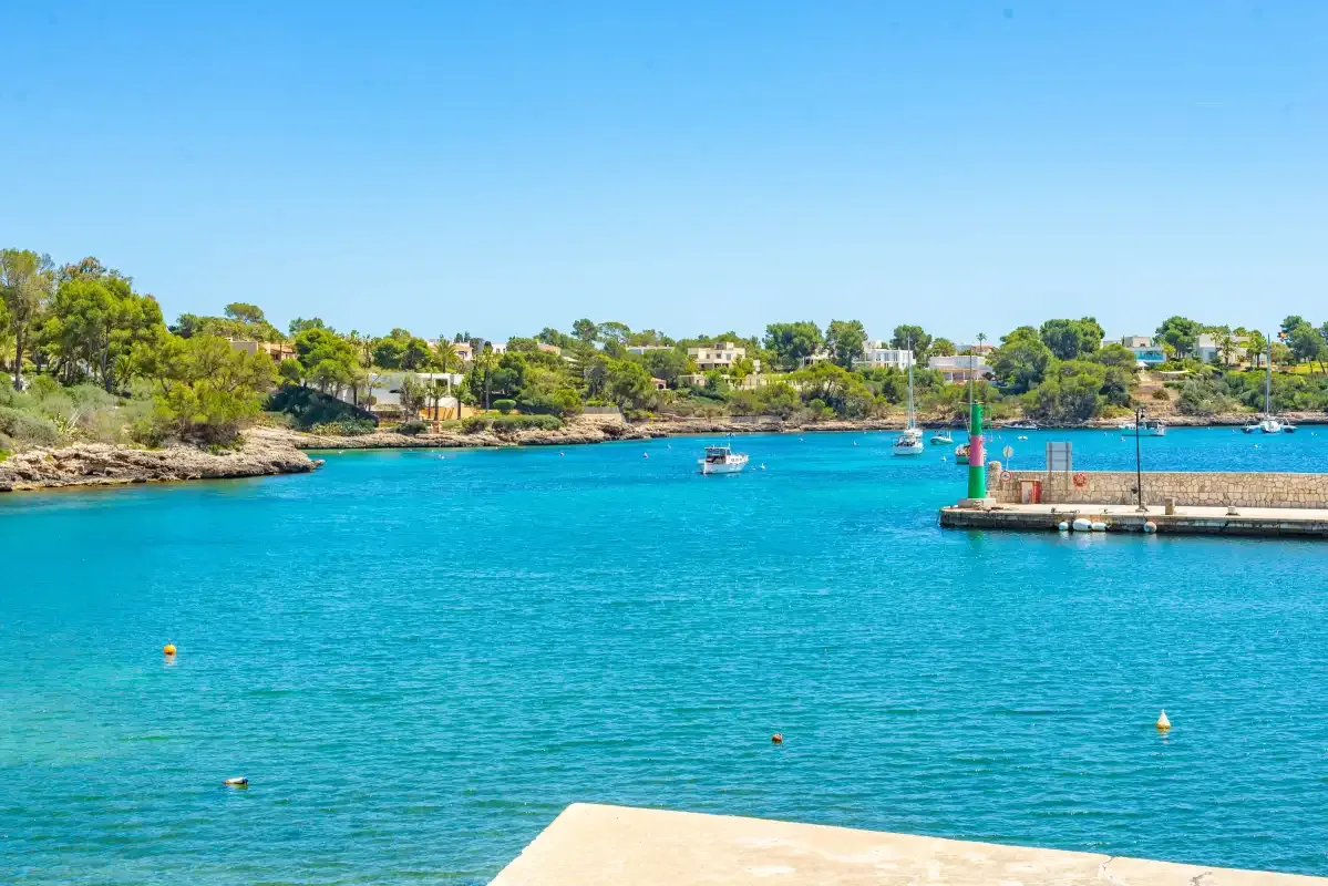 Un puerto de aguas azules con barcos, una orilla arbolada y un muelle.